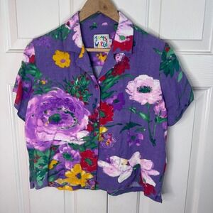 Vintage Y2K Jams World Floral Rayon Top‎ Purple Hawaiian Shirt Women Size S Crop